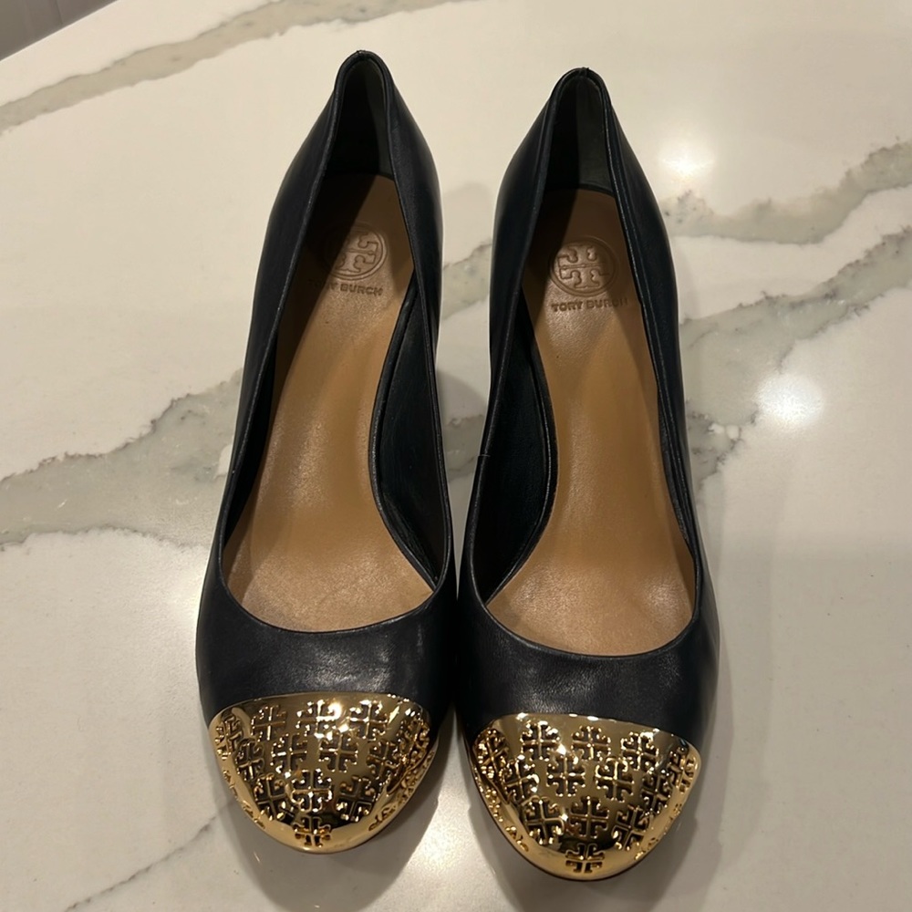 Tory Burch Navy and Gold Wedge Heels